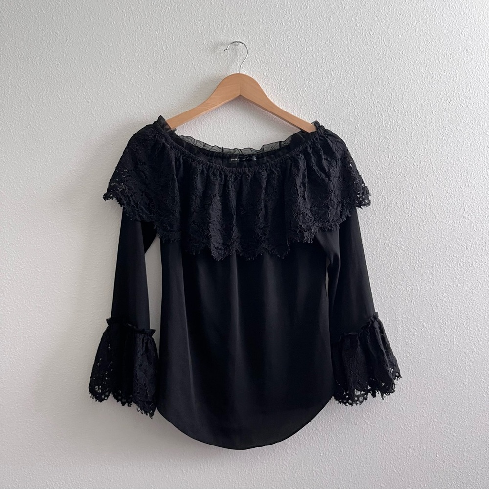 WHBM Black Off-The-Shoulder Lace Trim Top